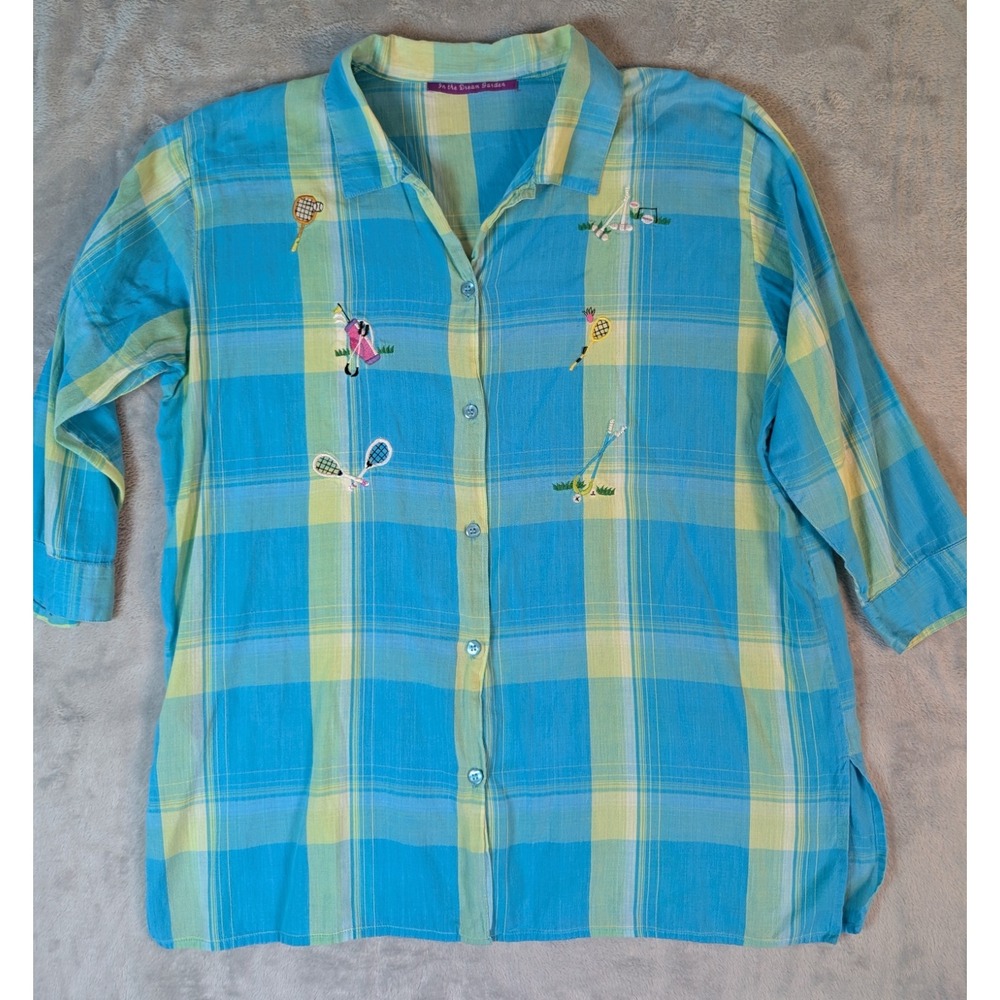 Women's Lightweight Cotton Voile Aqua & Lime Plaid Embroidered Top L Preppy